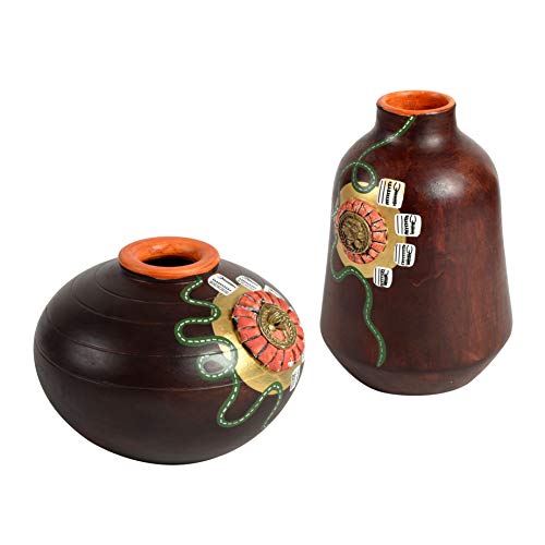 Terracotta Handpainted Home Decorative Metallic Brown Flower vase with Brass Motifs(Set of 2)